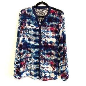 DESIGUAL Abstract Crotched Lace Tie Dye Blouse Button Up Long Sleeve Sz XL